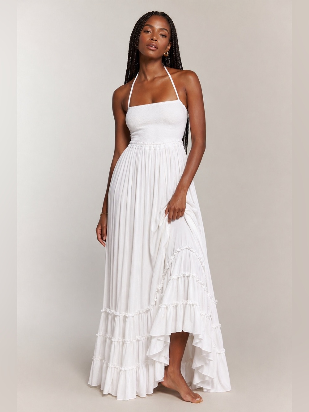 FREE PEOPLE White Smocked Halter Maxi Dress